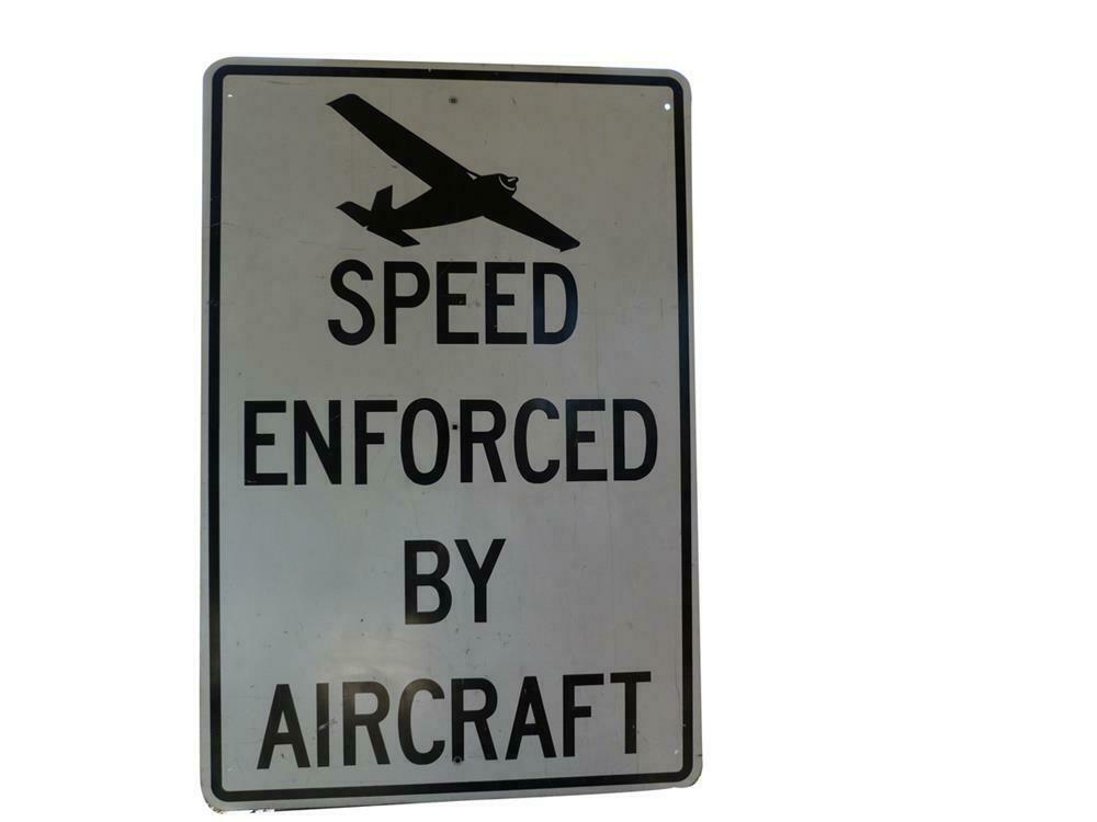 Vintage Speed Enforced By Aircraft Metal Highway Road Sign Front 3 4 vintage-speed-enforced-by-aircraft-metal-highway-road-sign-front-3-4