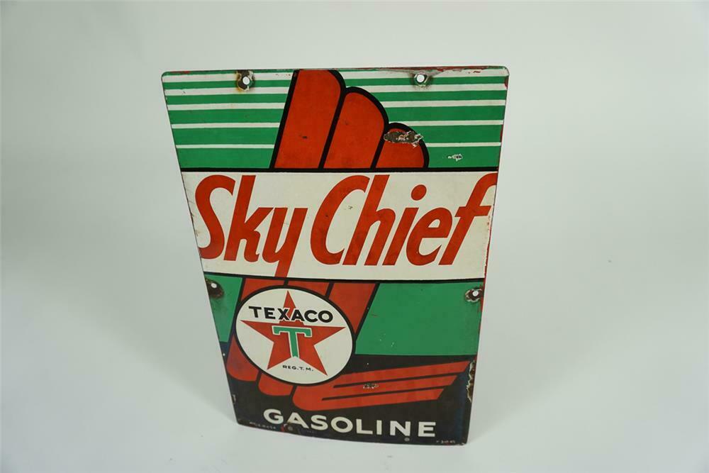 1945 Texaco Sky Chief Gasoline porcelain pump plate sign - Front 3/4 ...