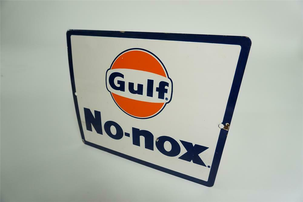 NOS late 1950s Gulf Oil No Nox single-sided porcelain pump pl