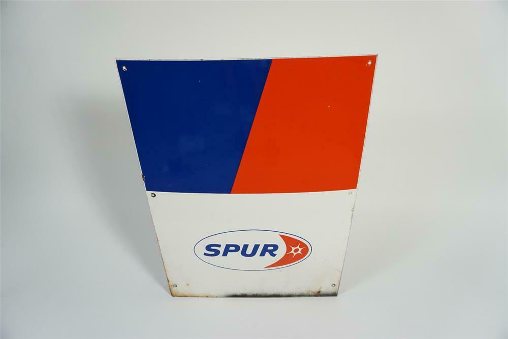 Seldom seen 1960s Spur Gasoline porcelain pump plate sign wit