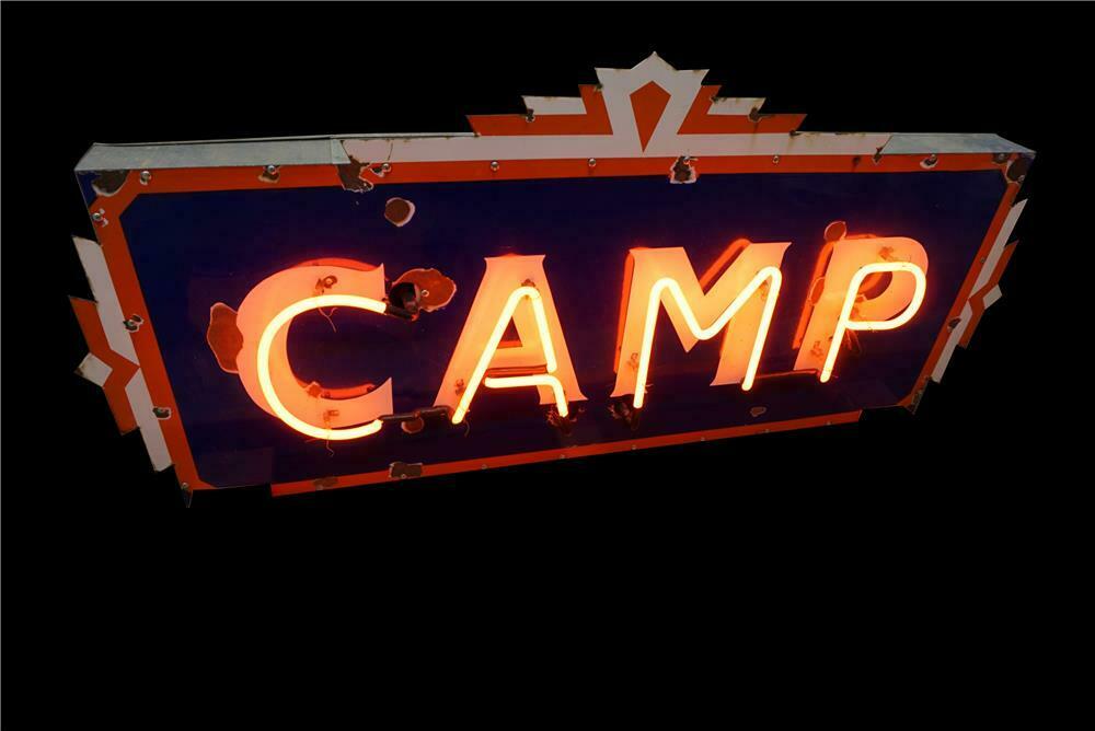 1930s Camp single-sided neon porcelain campground sign.