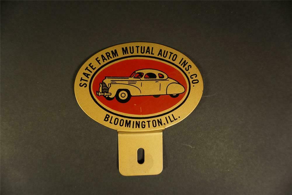 1930s State Farm Mutual Insurance diecut tin license plate attachment