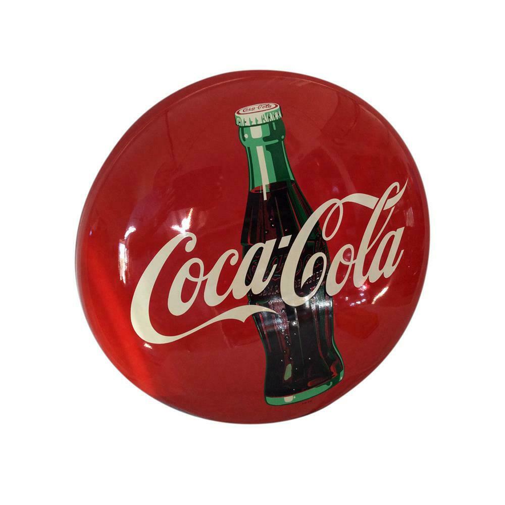 Gorgeous NOS 1950s Coca-Cola tin button sign with bottle grap