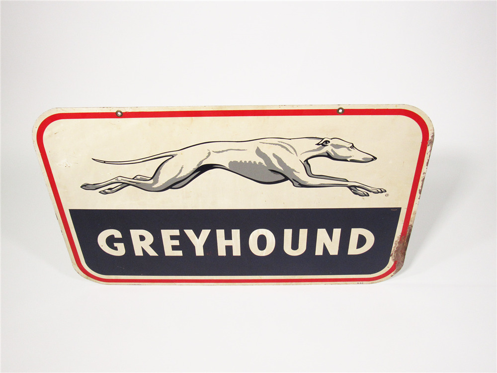 1960 GREYHOUND BUS LINES TIN BUS DEPOT SIGN - Front 3/4 - 225440