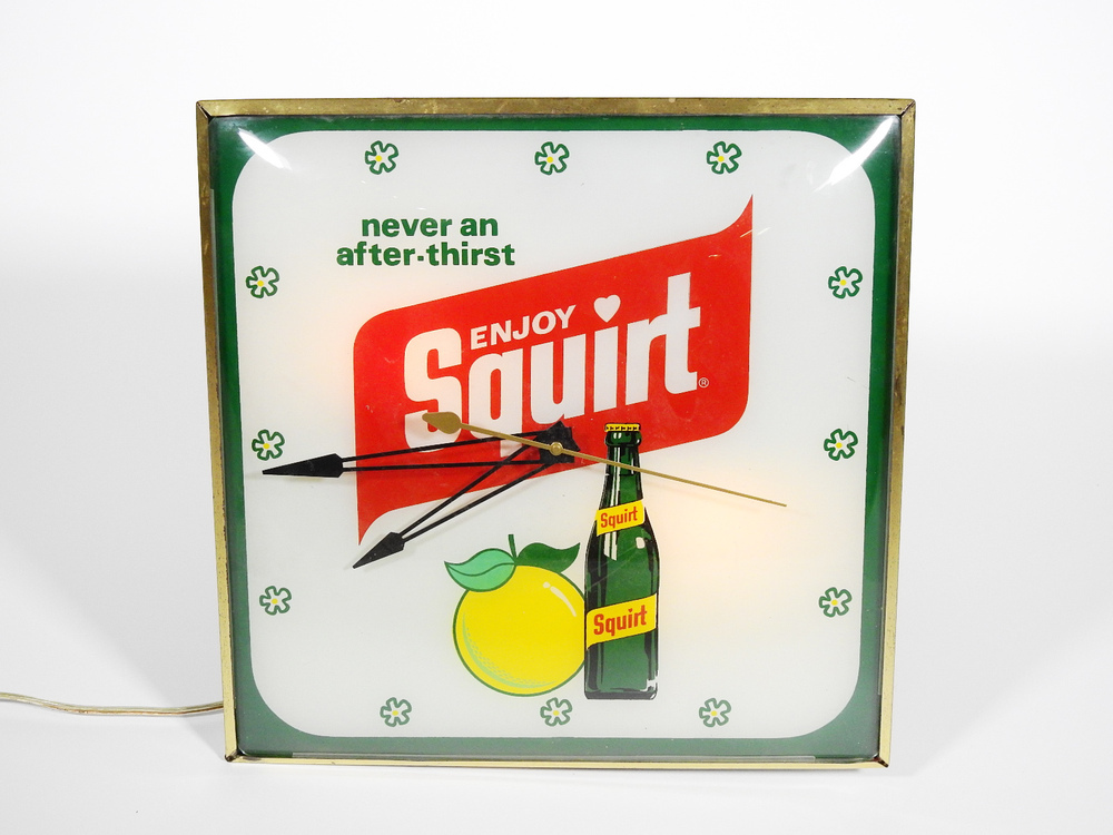 Fantastic 1960s Squirt Soda Glass Faced Light Up Diner Clock