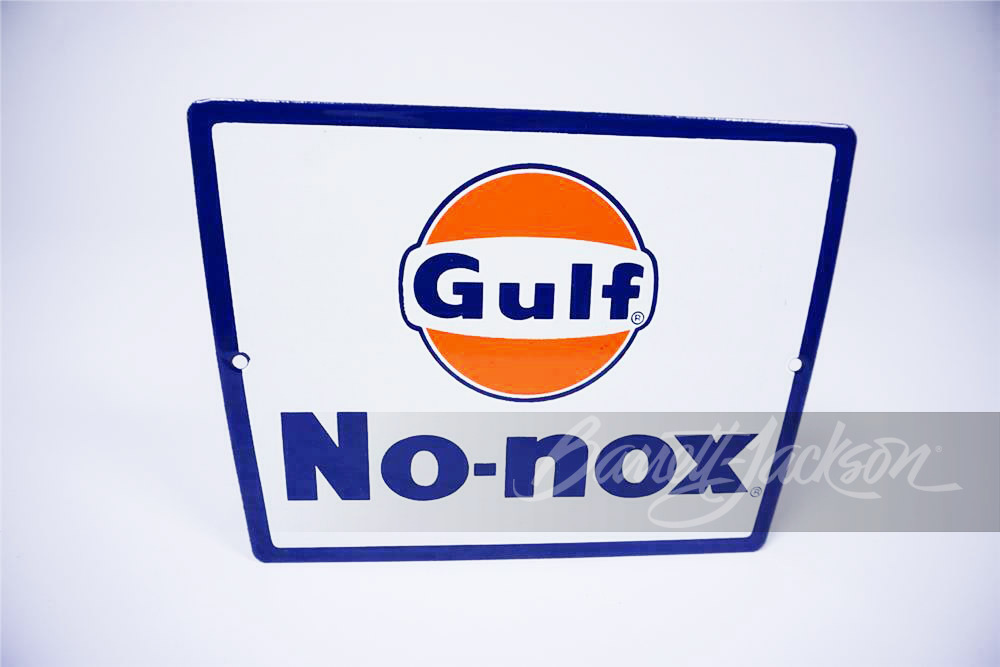 NOS LATE 1950S-EARLY-60S GULF NO NOX GASOLINE SIGN - Front 3/4 - 253193