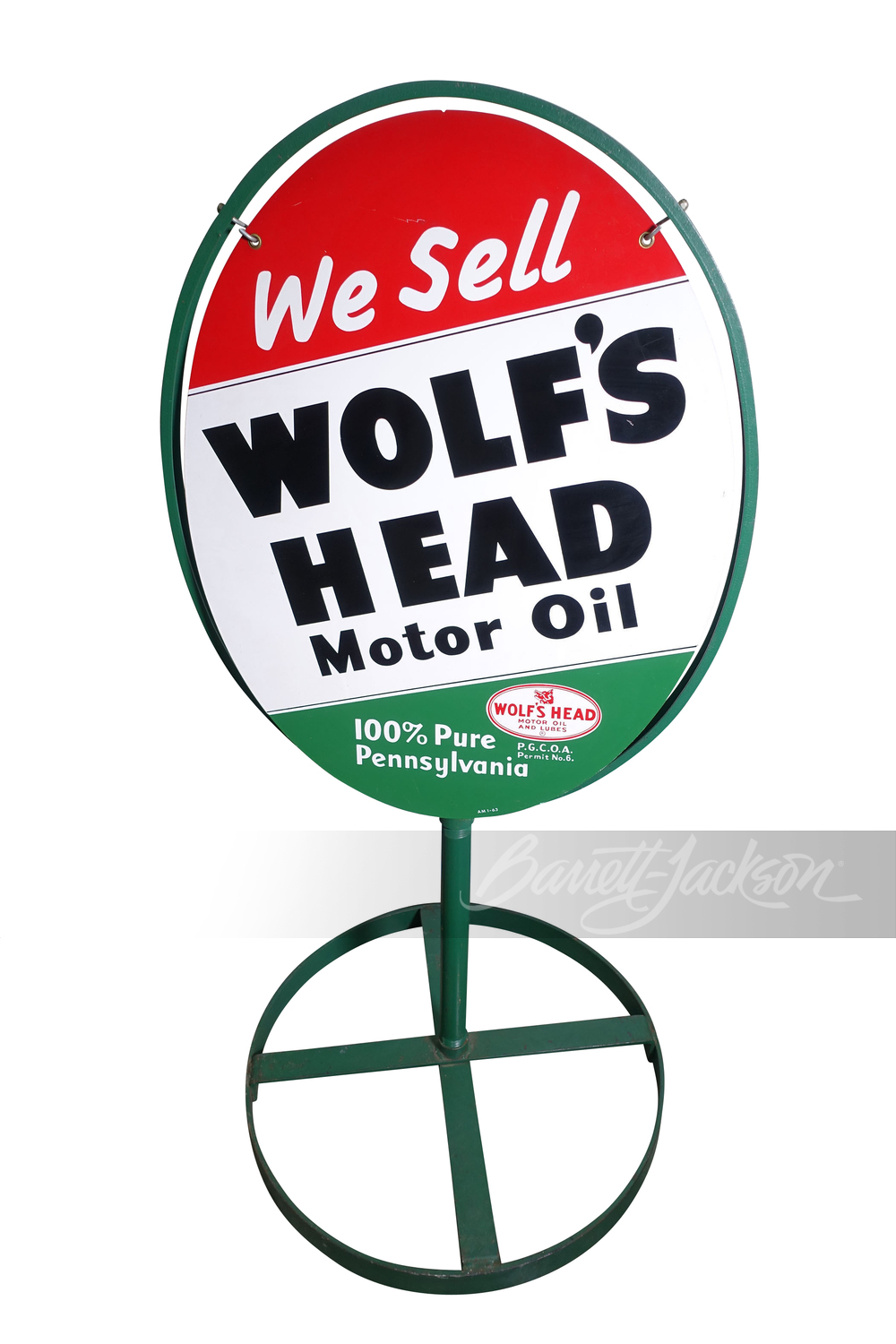 Beschikbaar Behoort Zuivelproducten NOS 1963 WOLF'S HEAD MOTOR OIL TIN SIGN