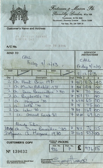George Harrison Signed Wine Receipt. - Front 3/4 - 47143