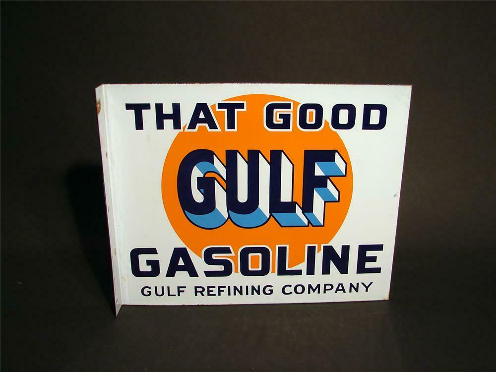Very nice 1930s Good Gulf Gasoline double-sided porcelain gar
