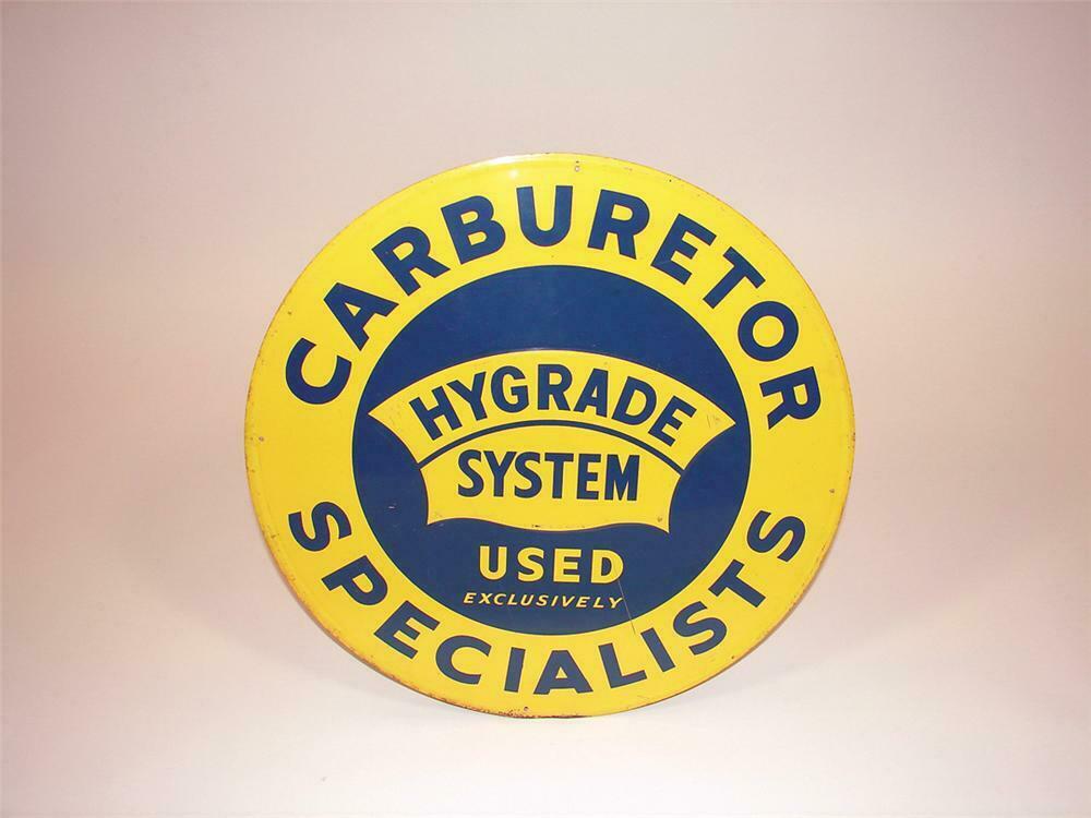1950s Hygrade System Carburetor Specialists single-sided tin embossed garage sign. - Front 3/4 - 75710