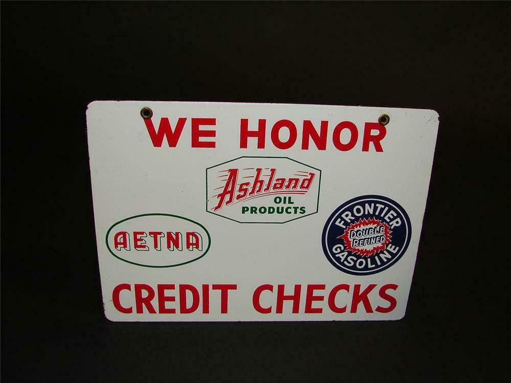 Scarce 1950s Frontier Gasoline-Ashland Products double-sided porcelain service station credit cards sign. - Front 3/4 - 81671