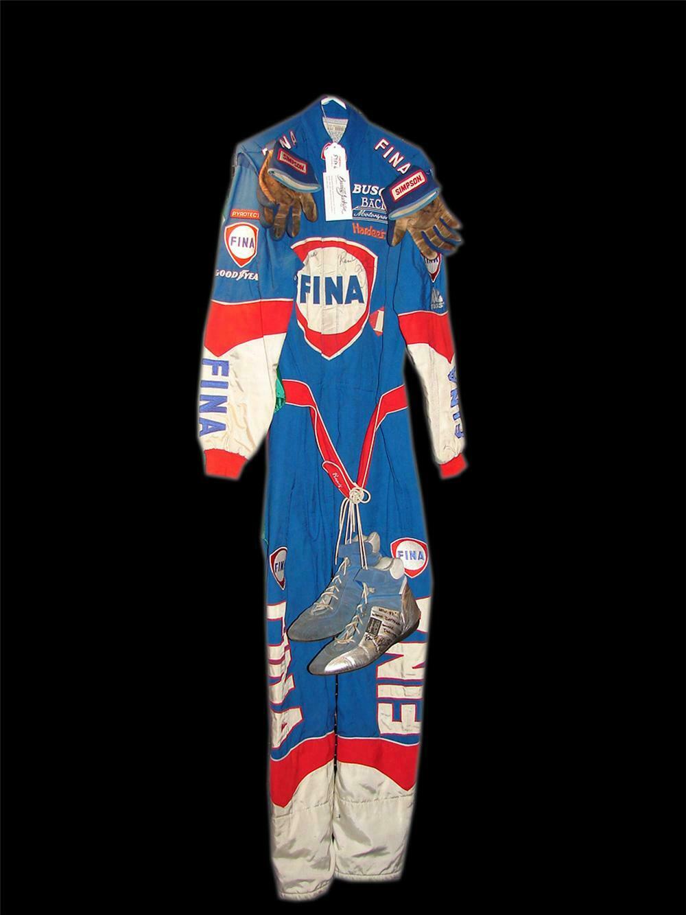 Autographed Randy Lajoie Fina race worn driver suit, shoes and gloves ...