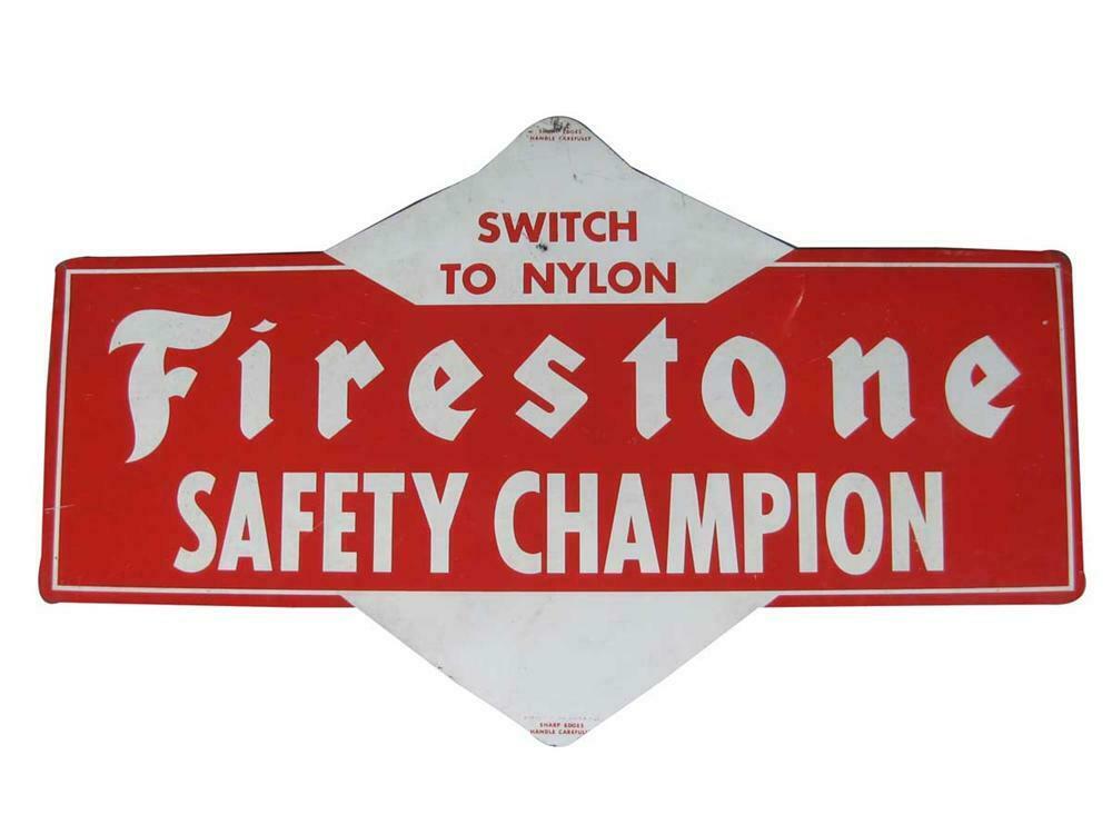 Unusual 1950s Firestone Safety Champion single-sided tin gara