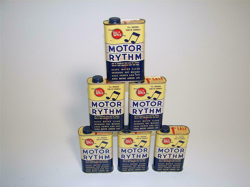 Terrific N.O.S. lot of six 1950s Whiz Motor Rhythm fuel additive tins