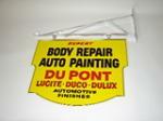 N.O.S. 1940s-50s Dupont Body Repair -Auto Painting double-sided tin garage sign with original hanging bracket. - Front 3/4 - 116745