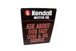 N.O.S. Kendall Motor Oil "Ask About Our Fast Lube" embossed tin automotive garage sign. - Front 3/4 - 154606
