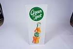 NOS 1950s Green Spot Soda single-sided vertical tin sign with bottle graphic. - Front 3/4 - 199563