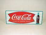 N.O.S. late 50s Coca-Cola fishtail logo sign with bottle graphic. - Front 3/4 - 75785