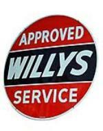 Museum quality late 40s-early 50s Willys double-sided porcelain dealership sign. - Front 3/4 - 93986