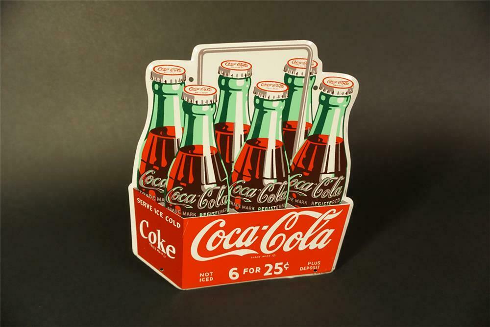 Rare 1950 NOS Coca-Cola die-cut tin six-pack sign with handle