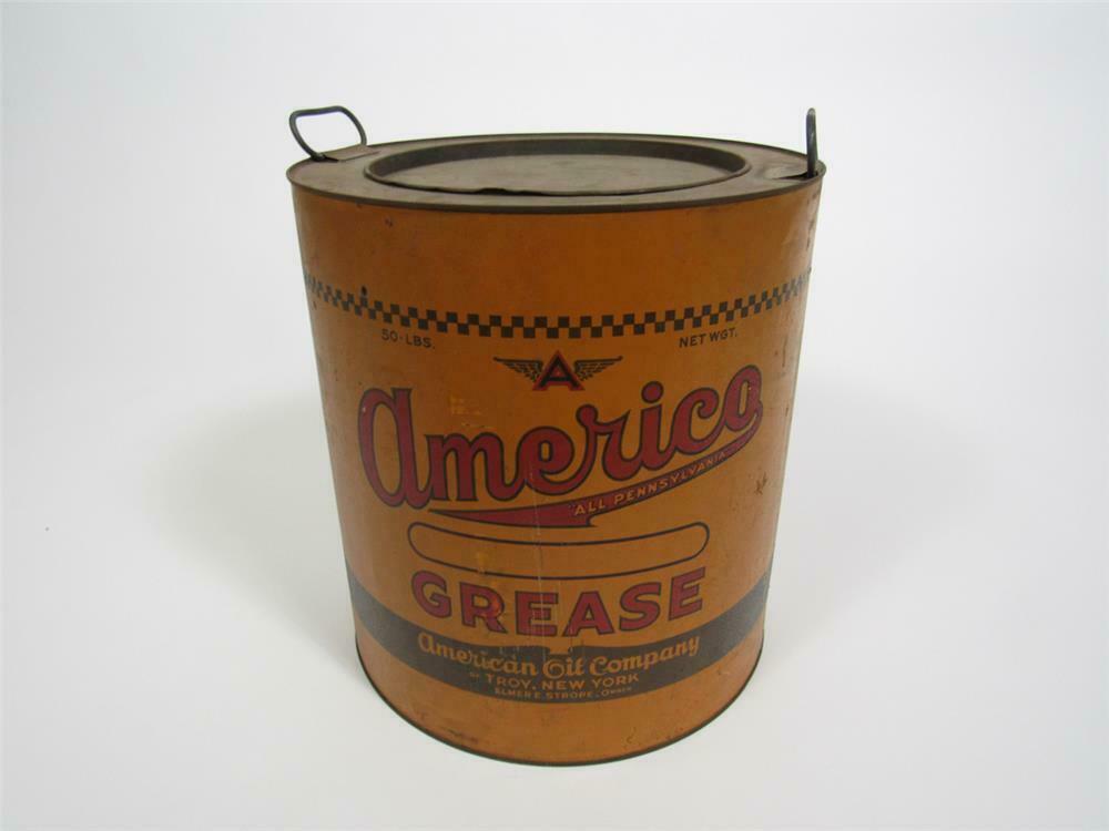 Unusual 1930s Americo Grease 50-pound tin with handles and