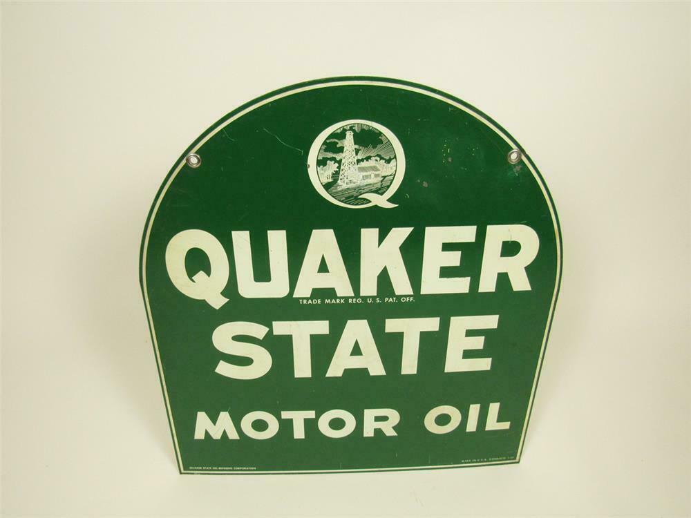 Vintage Quaker State Motor Oil double-sided die-cut tin tombstone