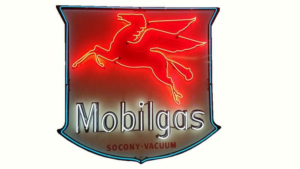 Distinctive 1940s Mobilgas single-sided porcelain with neon shield