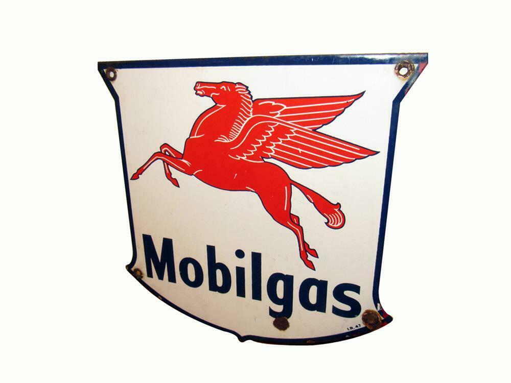 Good-looking 1947 Mobilgas shield-shaped porcelain pump plate sign