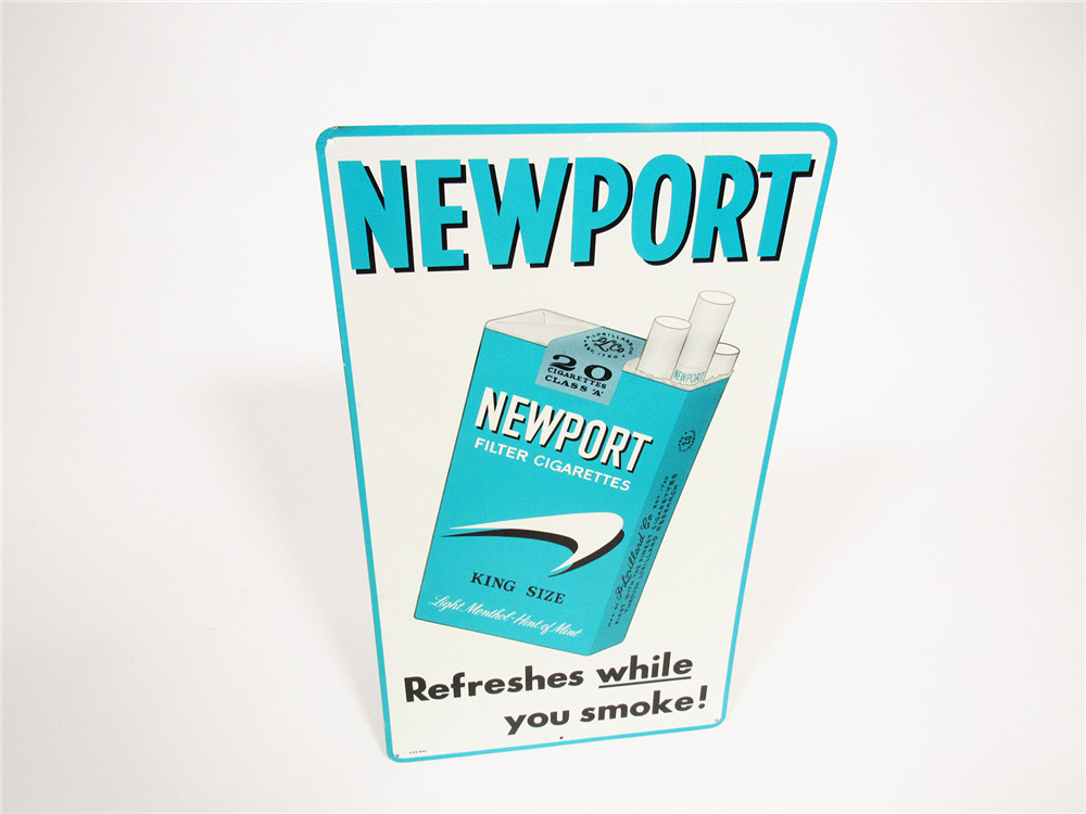 NOS CIRCA 1960S NEWPORT FILTER CIGARETTES SINGLE-SIDED TIN SIGN WITH CIGARETTE PACK GRAPHIC. - Automobilia | Barrett-Jackson Auction Company