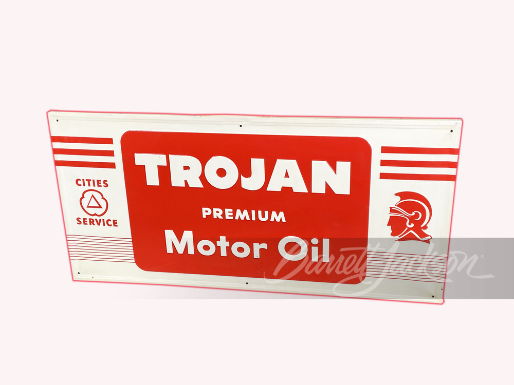 CIRCA LATE 1948 TROJAN PREMIUM MOTOR OIL TIN SIGN - Automobilia