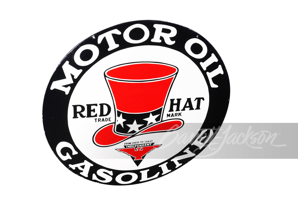 1930S RED HAT MOTOR OIL-GASOLINE PORCELAIN SIGN - Automobilia