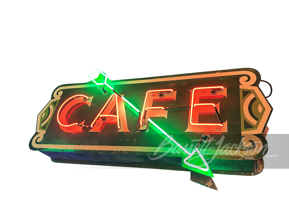 1930S 'CAFE' NEON PORCELAIN SIGN WITH ANIMATED ARROW - Automobilia