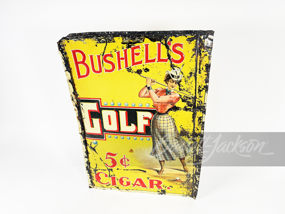 1920S BUSHELL'S GOLF 5-CENT CIGAR TIN LITHO SIGN - Automobilia