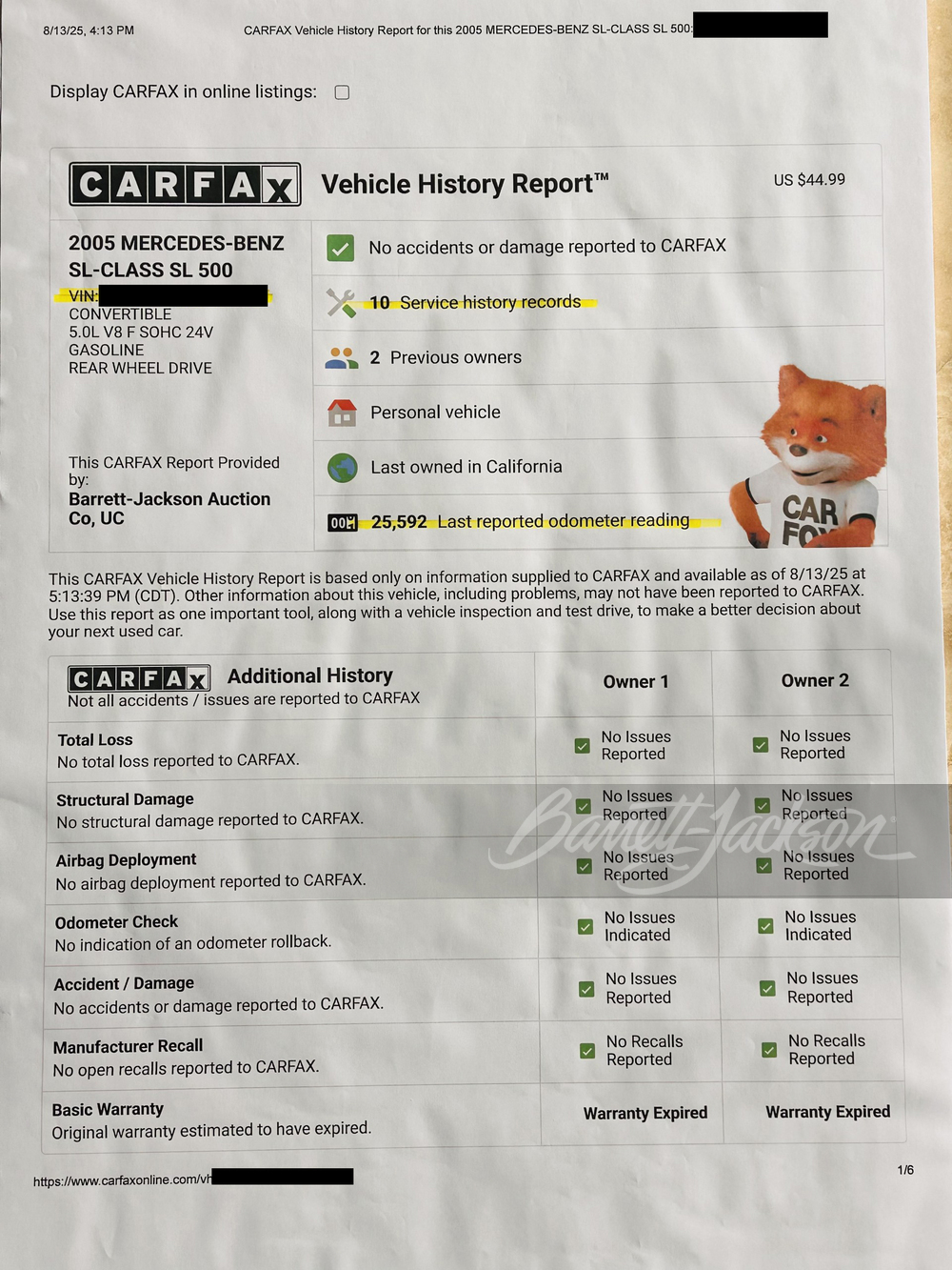 2005 Mercedes-Benz 500SL — market value and price history