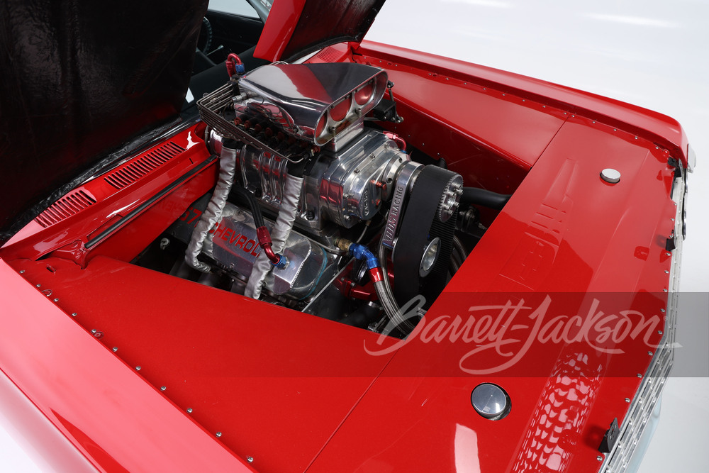 Supercharged 572ci big block V-8 with BDS blower and Bug Catcher-style EFI in the engine bay of the custom 1963 Chevrolet Impala